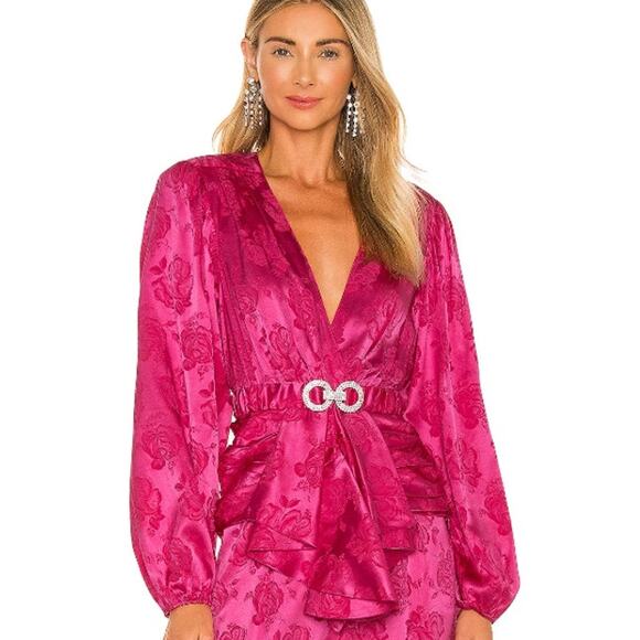 Ronny Kobo NEW Justine Silk Long Sleeve Crystal Belted Top Fuchsia Pink Large